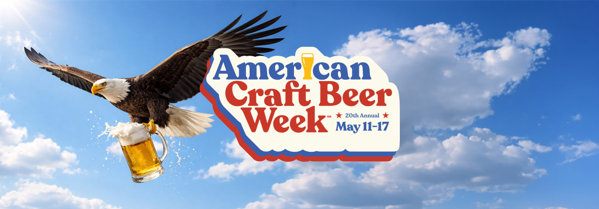 american craft beer week logo against blue sky background with eagle and beer