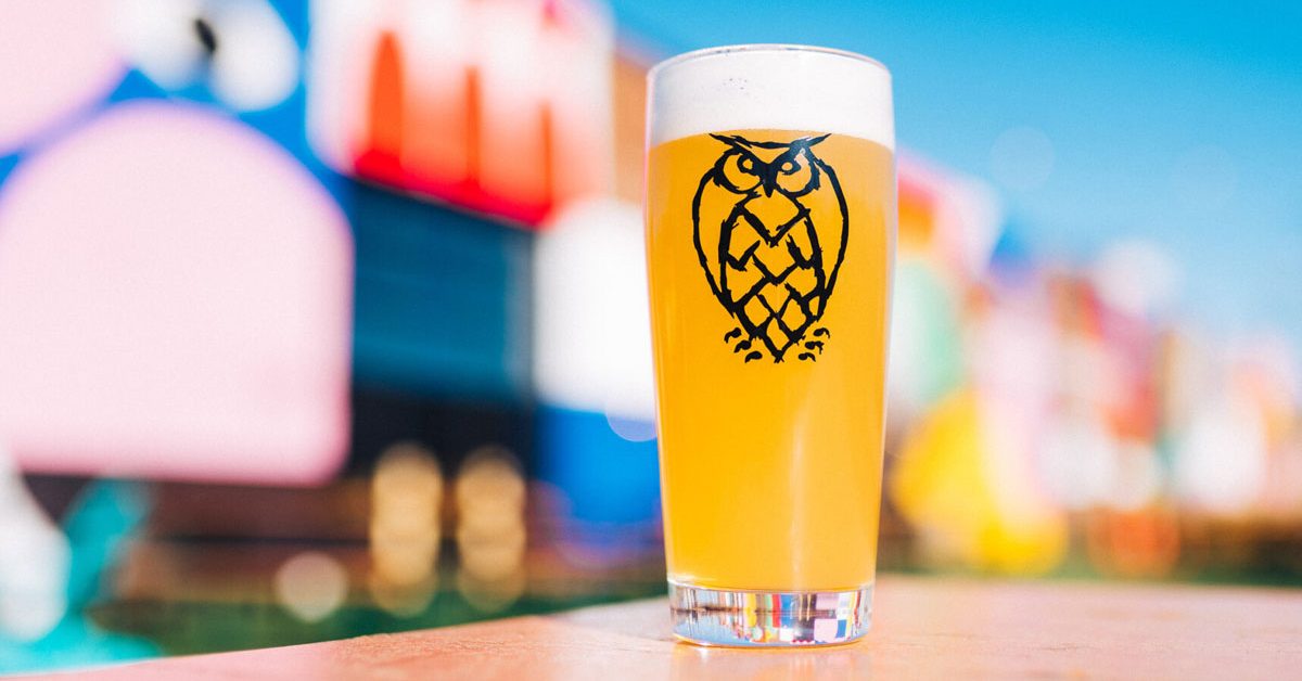 hazy beer in glass with owl logo against abstract colorful blurry background