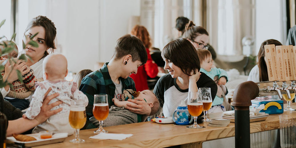 moms in brewery with children
