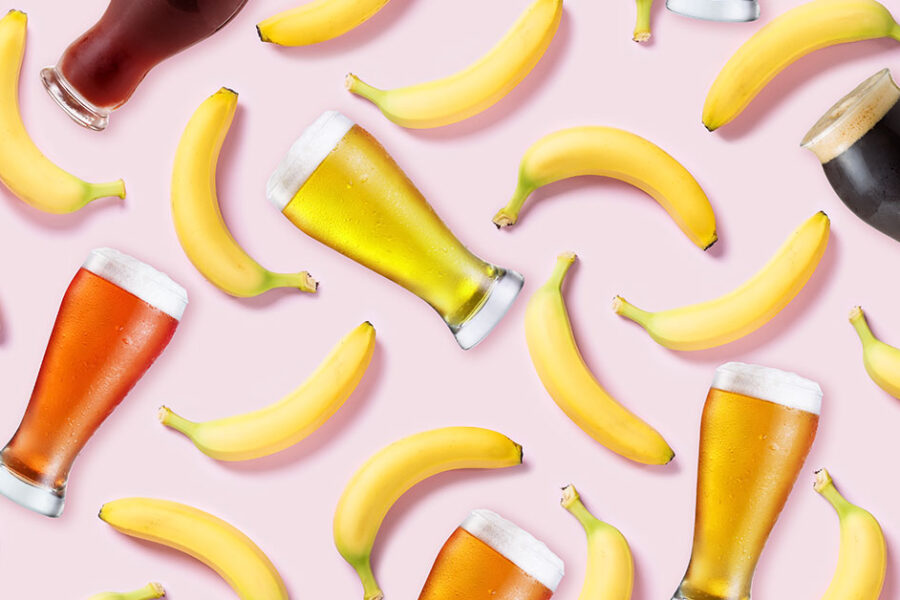 a collage of bananas and beers on a bright background